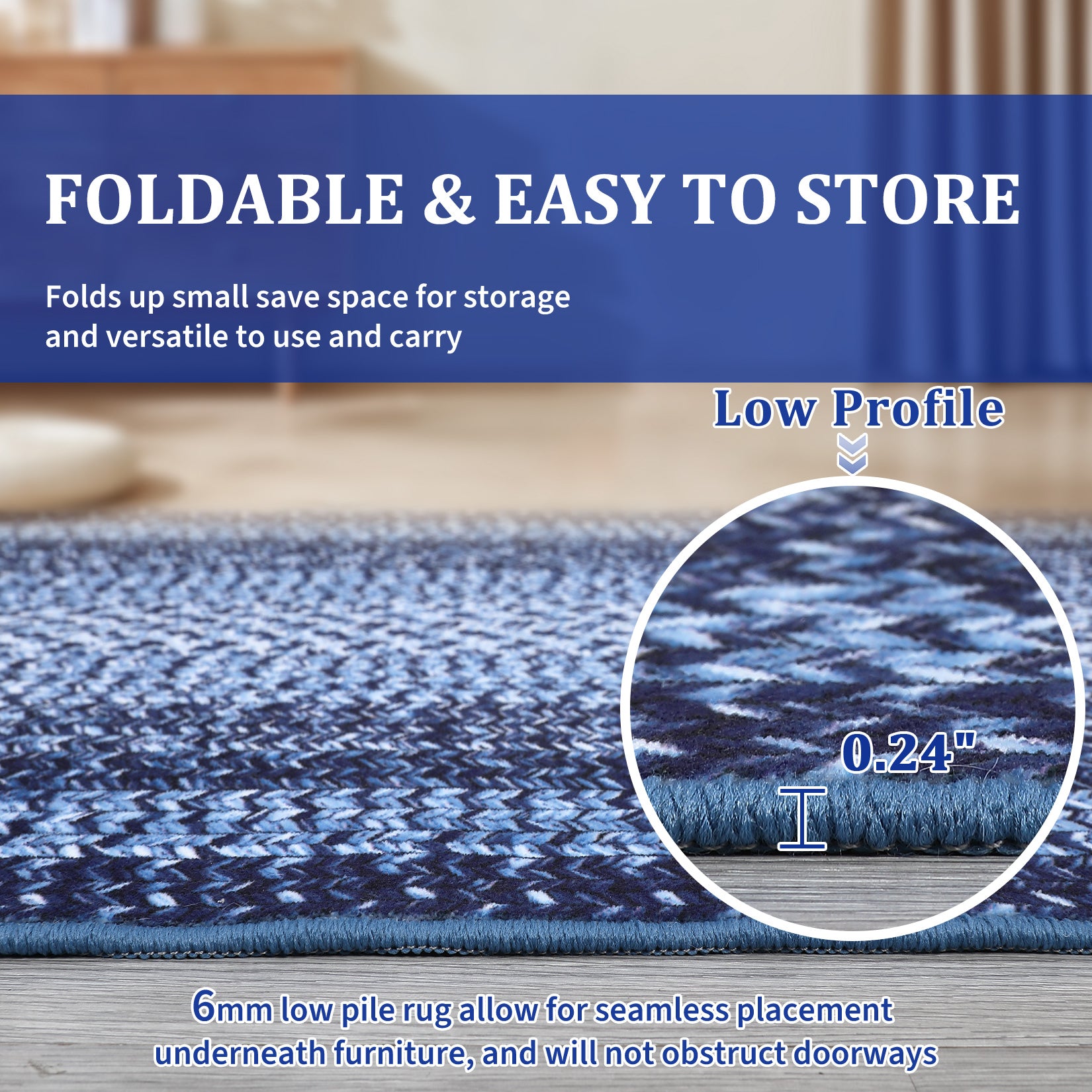 Garvee 4' × 6' Washable Area Rug, Non-Slip Low-Pile Carpet, Non-Shedding Polyester Rug with Classic Border Design for Living Room, Bedroom & Home Decor, Navy Blue