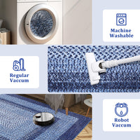 Garvee Bordered Navy Blue 10x13 Washable Rug for Living Room - Boho Braided Print, Non-Slip, Low Pile, Foldable, Polyester, Navy - Cozy & Minimalist