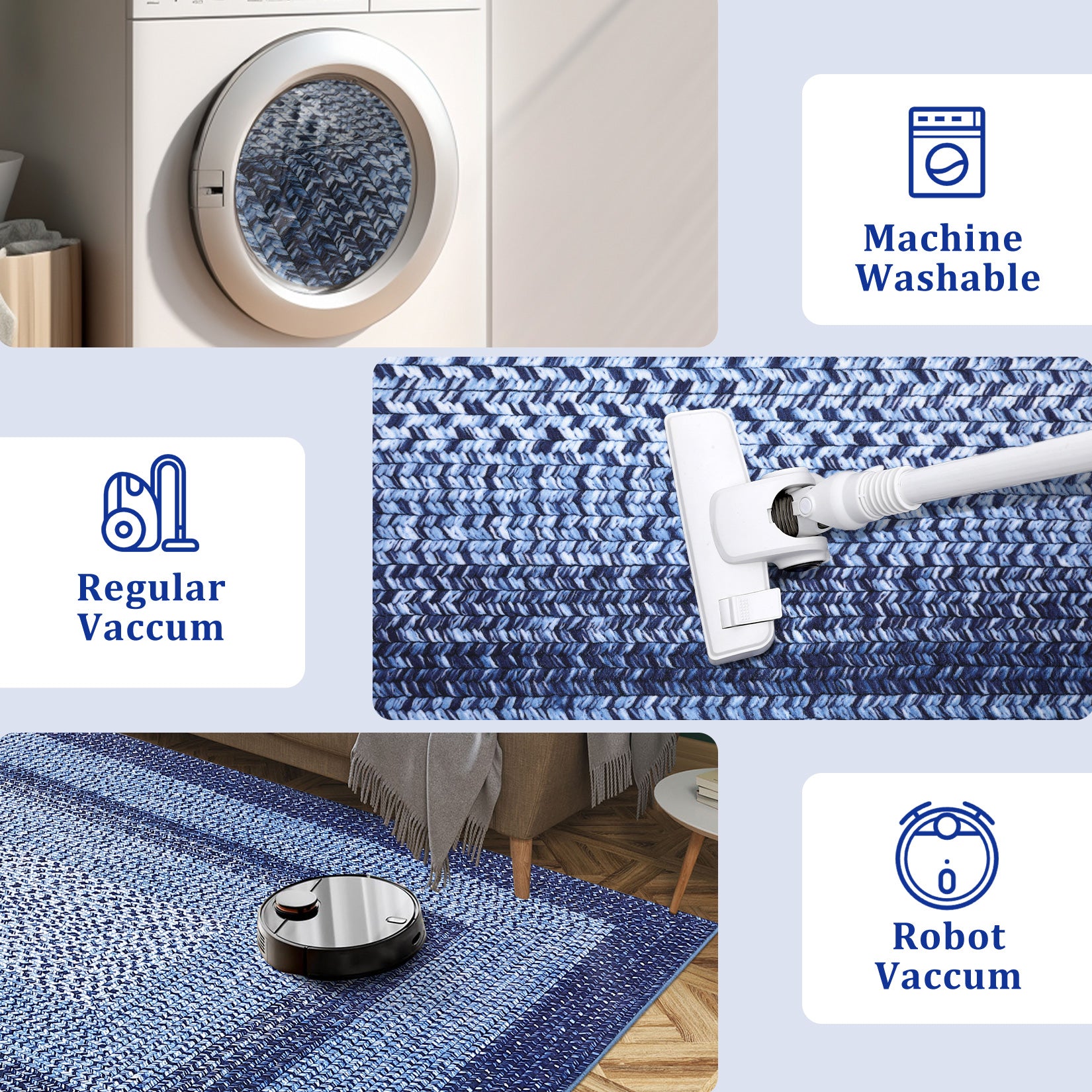 Garvee Bordered Navy Blue 2x6 Area Rug, Braided Print Washable Rug Non-Slip Hallway Runners Entryway Rug Runner Ultra-Thin Farmhouse Kitchen Mat Bedroom Bedside Laundry Distressed Rug Non-Shedding Accent Carpet