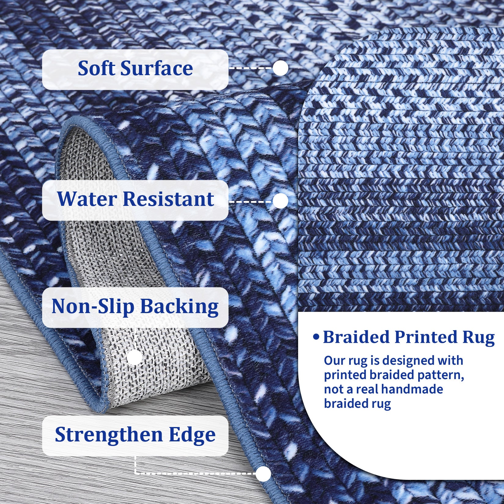 Garvee Bordered Navy Blue 10x13 Washable Rug for Living Room - Boho Braided Print, Non-Slip, Low Pile, Foldable, Polyester, Navy - Cozy & Minimalist
