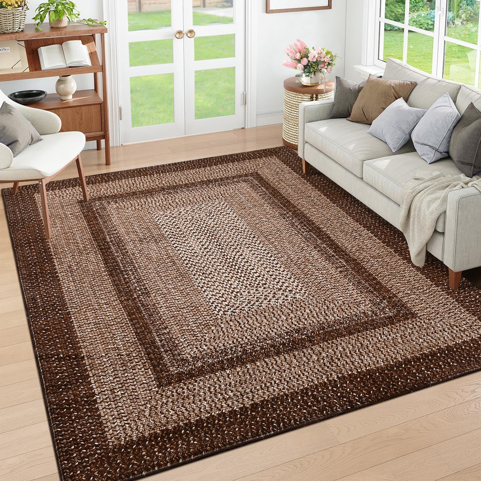 Garvee Bordered Brown 10x13 Boho Printed Washable Rug, Modern Braided Low Pile Polyester Area Rug Non-Slip Non-Shedding for Living Room Bedroom Office