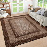 Garvee Bordered Brown 10x13 Boho Printed Washable Rug, Modern Braided Low Pile Polyester Area Rug Non-Slip Non-Shedding for Living Room Bedroom Office