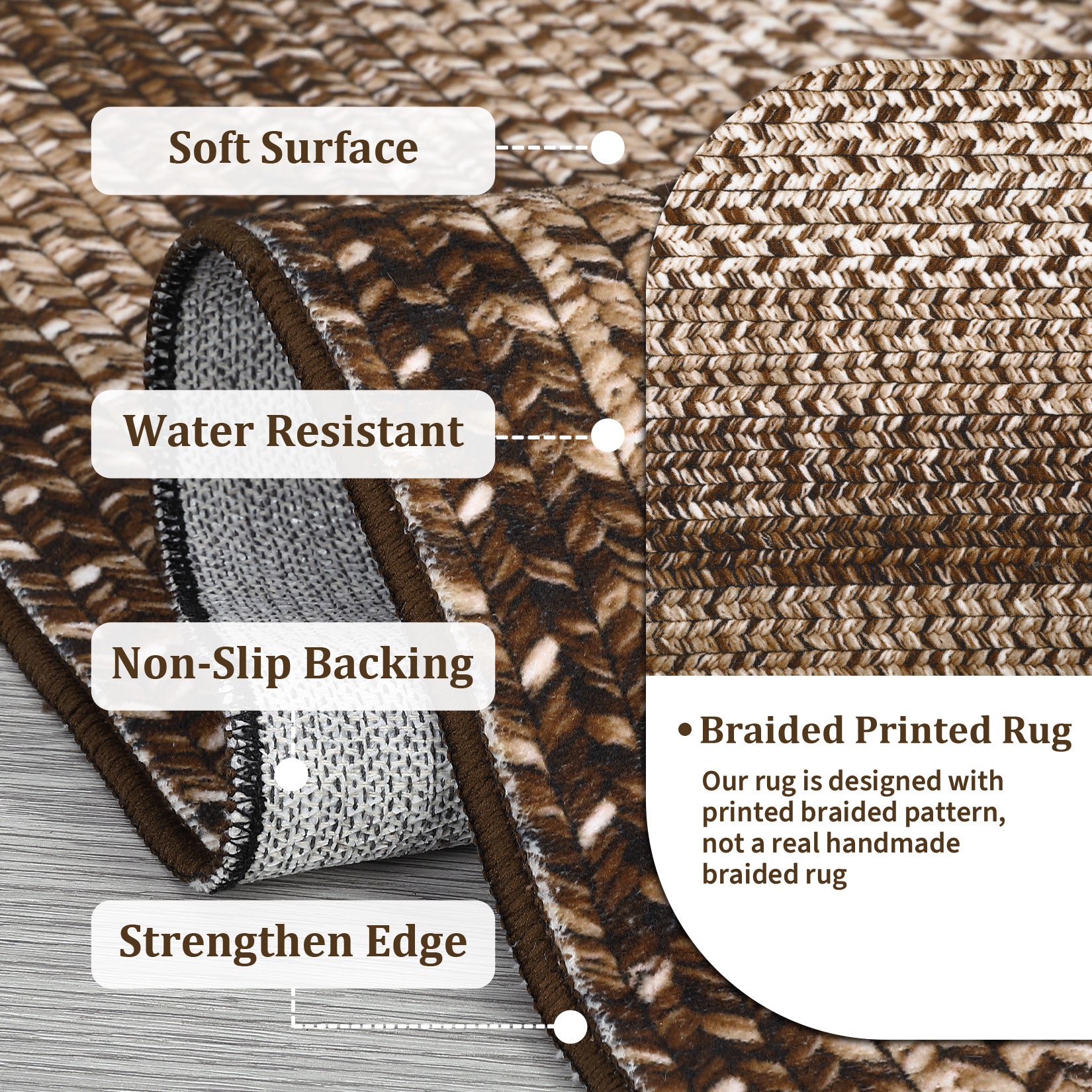 Garvee 8x10 Boho Braided-Print Washable Area Rug, Low Pile Polyester Rug with Non-Slip Backing for Living Room, Bedroom & Office, Brown