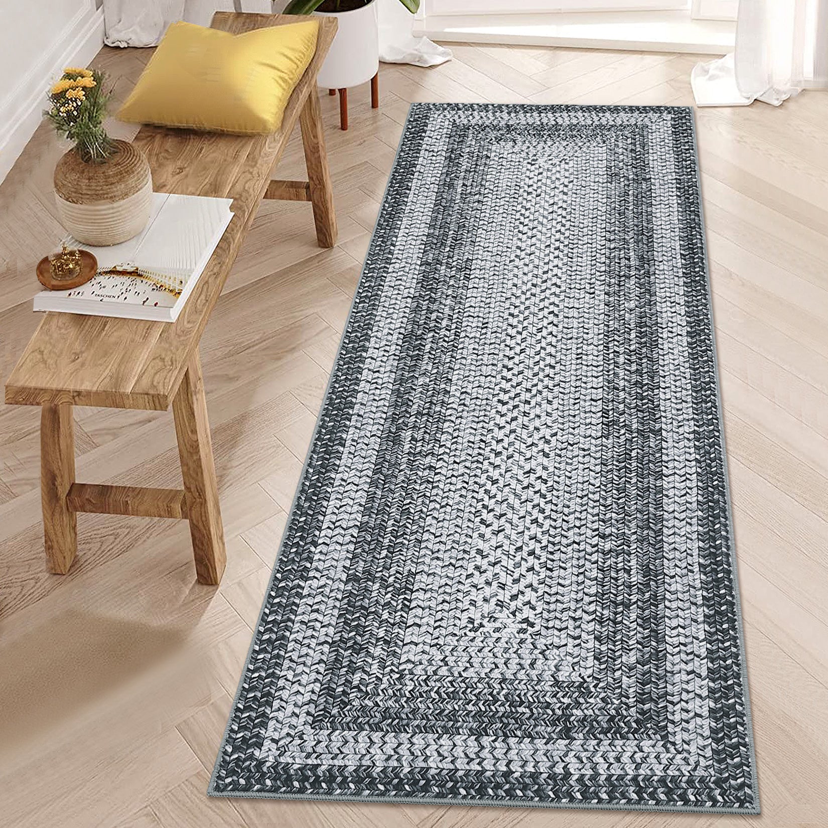 Garvee Bordered Grey 2x8 Washable Runner Rug, Distressed Farmhouse Print, Ultra-Thin Non-Slip Polyester Mat with Cozy Texture for Kitchen, Bedroom, Entryway