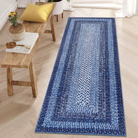 Garvee Bordered Navy Blue 2x6 Area Rug, Braided Print Washable Rug Non-Slip Hallway Runners Entryway Rug Runner Ultra-Thin Farmhouse Kitchen Mat Bedroom Bedside Laundry Distressed Rug Non-Shedding Accent Carpet
