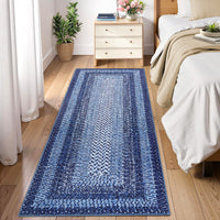 Garvee Bordered Navy Blue 2x6 Area Rug, Braided Print Washable Rug Non-Slip Hallway Runners Entryway Rug Runner Ultra-Thin Farmhouse Kitchen Mat Bedroom Bedside Laundry Distressed Rug Non-Shedding Accent Carpet