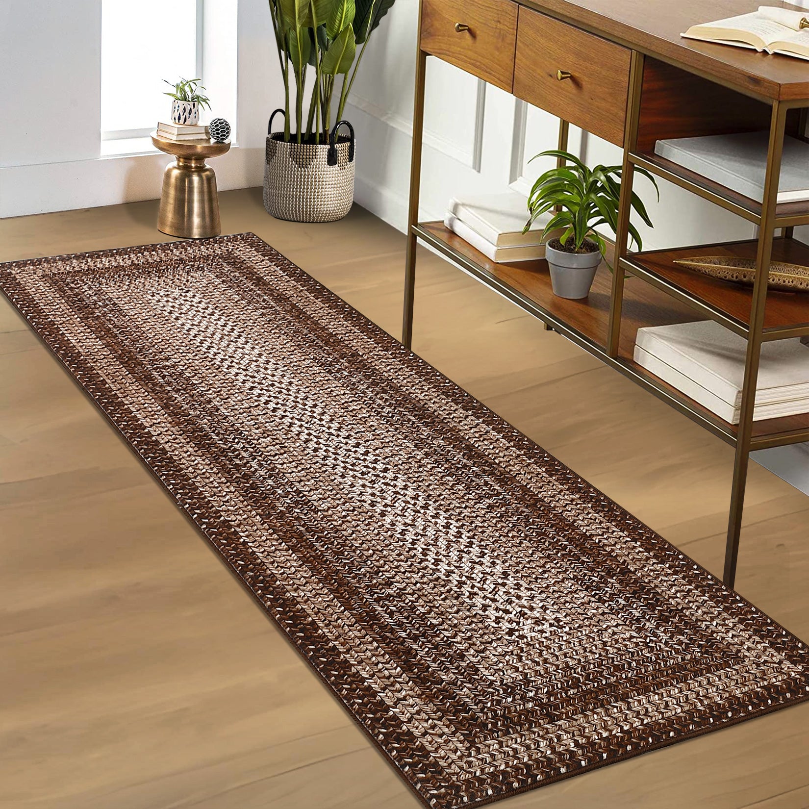 Garvee Bordered Brown 2x6 Braided Distressed Runner, Washable Non Slip Non-Shedding Ultra-Thin Carpet for Entryway Hallway & Bedroom Bedside