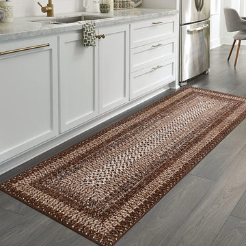 Garvee Bordered Brown 2x8 Braided Distressed Runner, Washable Non Slip Non-Shedding Ultra-Thin Carpet for Entryway Hallway & Bedroom Bedside