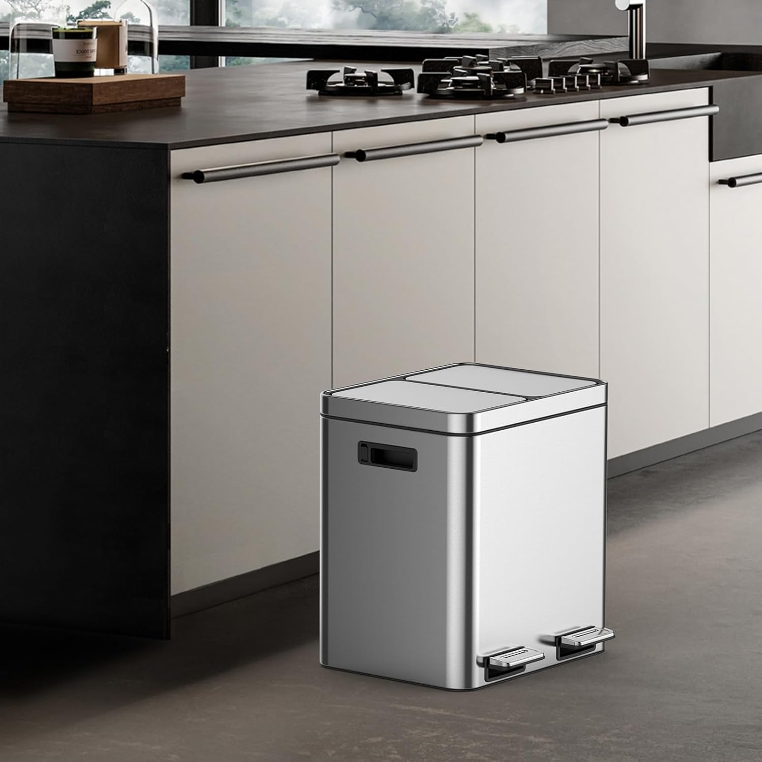 Garvee 8 Gallon Stainless Steel 2 Compartments Trash Can with Removable Inner Buckets and Quite-Close Lid, Silver