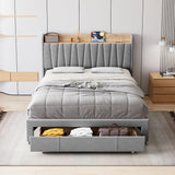 Garvee Twin Size Bed Frame with Headboard, Wooden Full Bed Frame with Storage Headboard and Charging Station, Metal Platform BedFrame with Large Drawers, No Box Spring Needed, Easy Assembly, Grey - Light Grey
