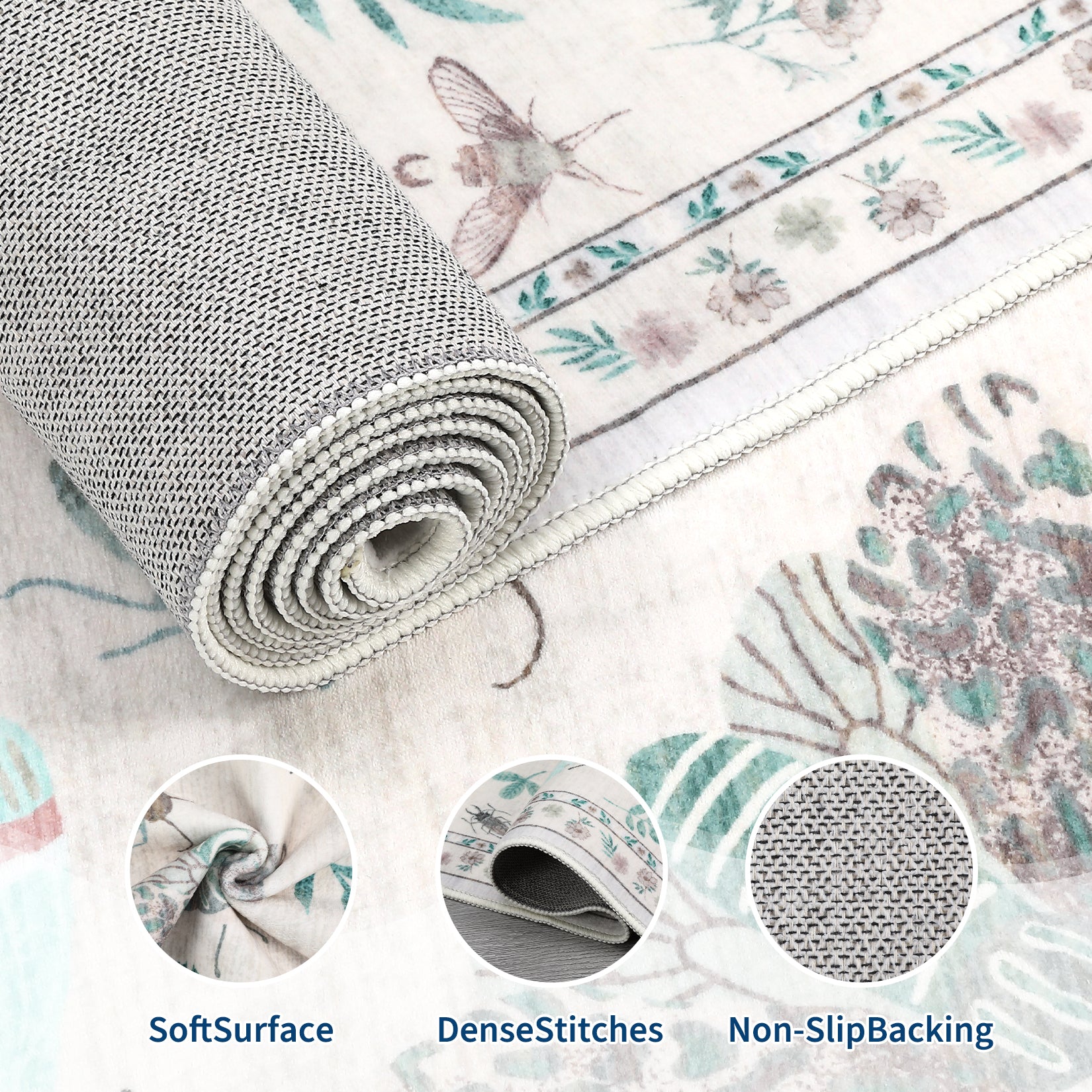 Garvee Modern 8x10 Rug Floral Insect Print Non-Slip Machine Washable Ultra-Soft Beige Indoor Carpet for Living Room Bedroom Nursery