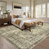 Garvee Vintage Rug for Living Room 9x12 Non Slip Non Shedding Washable Floor Cover, Low Pile Traditional Distressed Retro Carpet, Foldable Floral Print Soft Mat for Nursery Bedroom - Brown