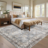 Garvee Vintage Rug for Living Room 9x12 Non Slip Non Shedding Washable Floor Cover, Low Pile Traditional Distressed Retro Carpet, Foldable Floral Print Soft Mat for Nursery Bedroom - Blue