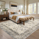 Garvee Vintage Throw Rug 5x7 Non Slip Non Shedding Washable Floor Cover, Low Pile Traditional Distressed Retro Carpet, Foldable Floral Print Soft Mat for Dining Room Bathroom Kitchen - Beige