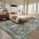 Garvee Vintage Throw Rug 5x7 Non Slip Non Shedding Washable Floor Cover, Low Pile Traditional Distressed Retro Carpet, Foldable Floral Print Soft Mat for Dining Room Bathroom Kitchen - Brown Green
