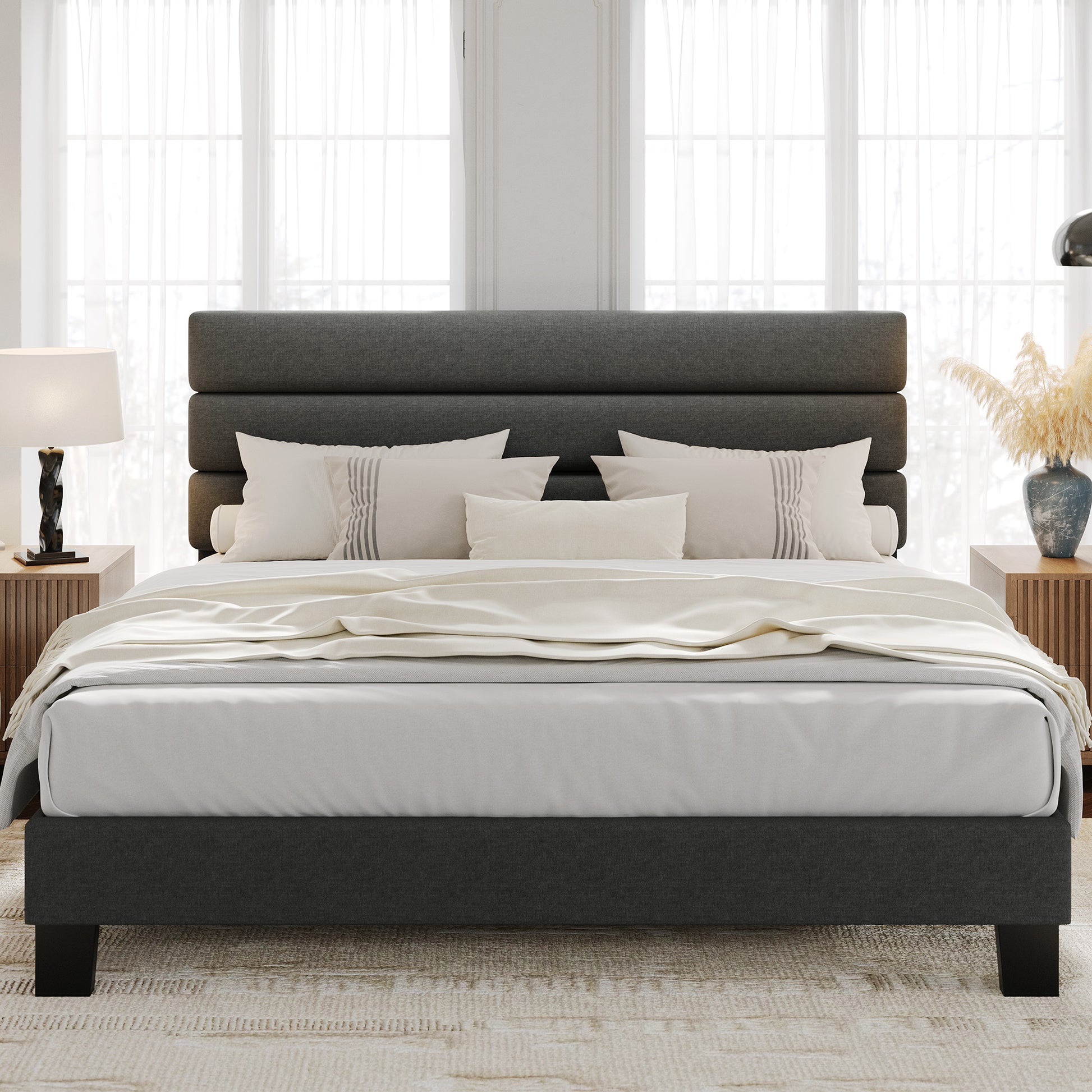 Garvee King Size Bed Frame with Adjustable Headboard, Fabric Upholstered and Wooden Slats Support Platform Bed Frame, Heavy Duty Mattress Foundation, Easy Assembly, Dark Grey
