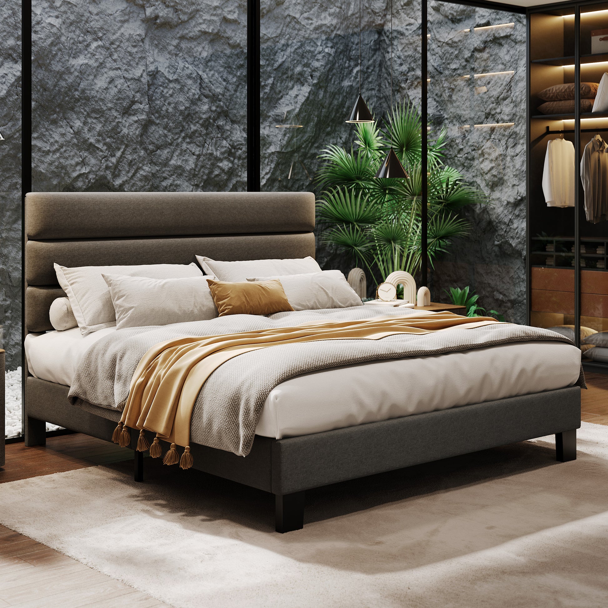 Garvee Queen Bed Frame Adjustable Headboard, Fabric Upholstered Wooden Slats Heavy Duty Mattress Foundation, Easy Assembly Platform Bed Frame for Bedroom, Dark Grey