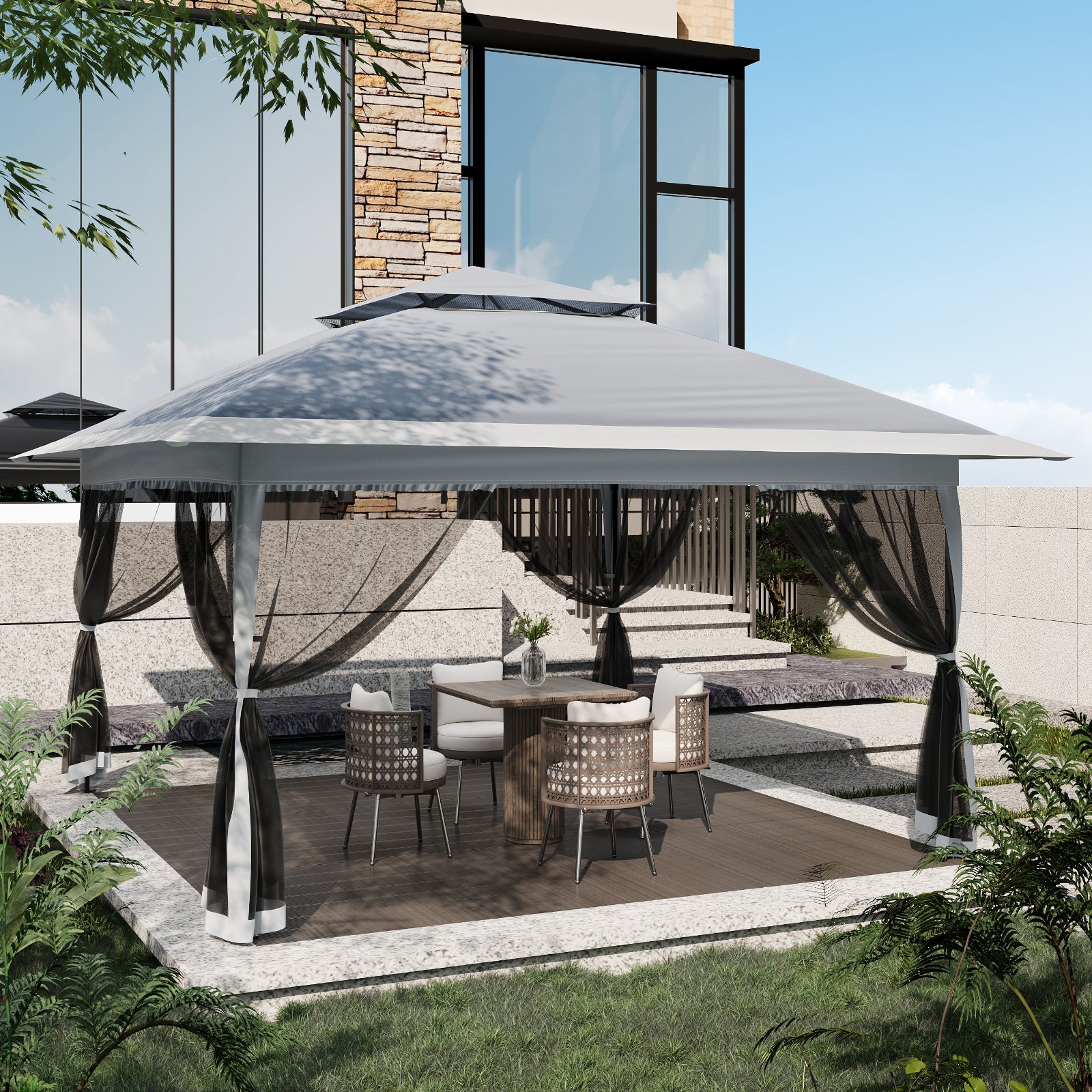 Garvee 13'x13' Pop Up Tent Outdoor Canopy Shelter with Mosquito Netting 4 Stanbags Instant Gazebo Tent for Lawn, Garden, Backyard Deck (Charcoal Grey + Light Grey)