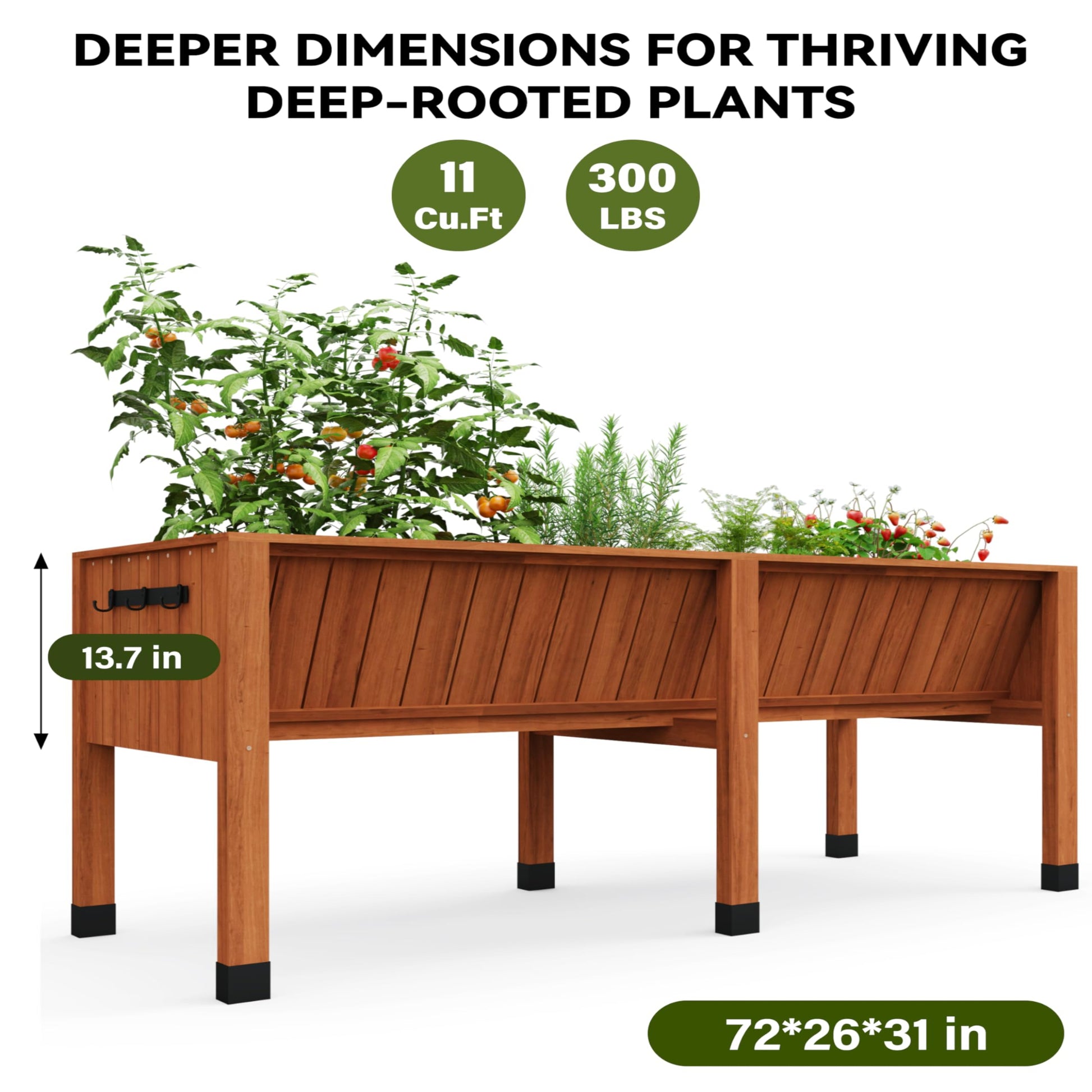 Garvee 72" × 26" × 31" Cedar Raised Garden Bed with Legs, 13.7" Deep Elevated Planter Box with Liner, Drainage Hole & Tool Hooks, Acorn Brown