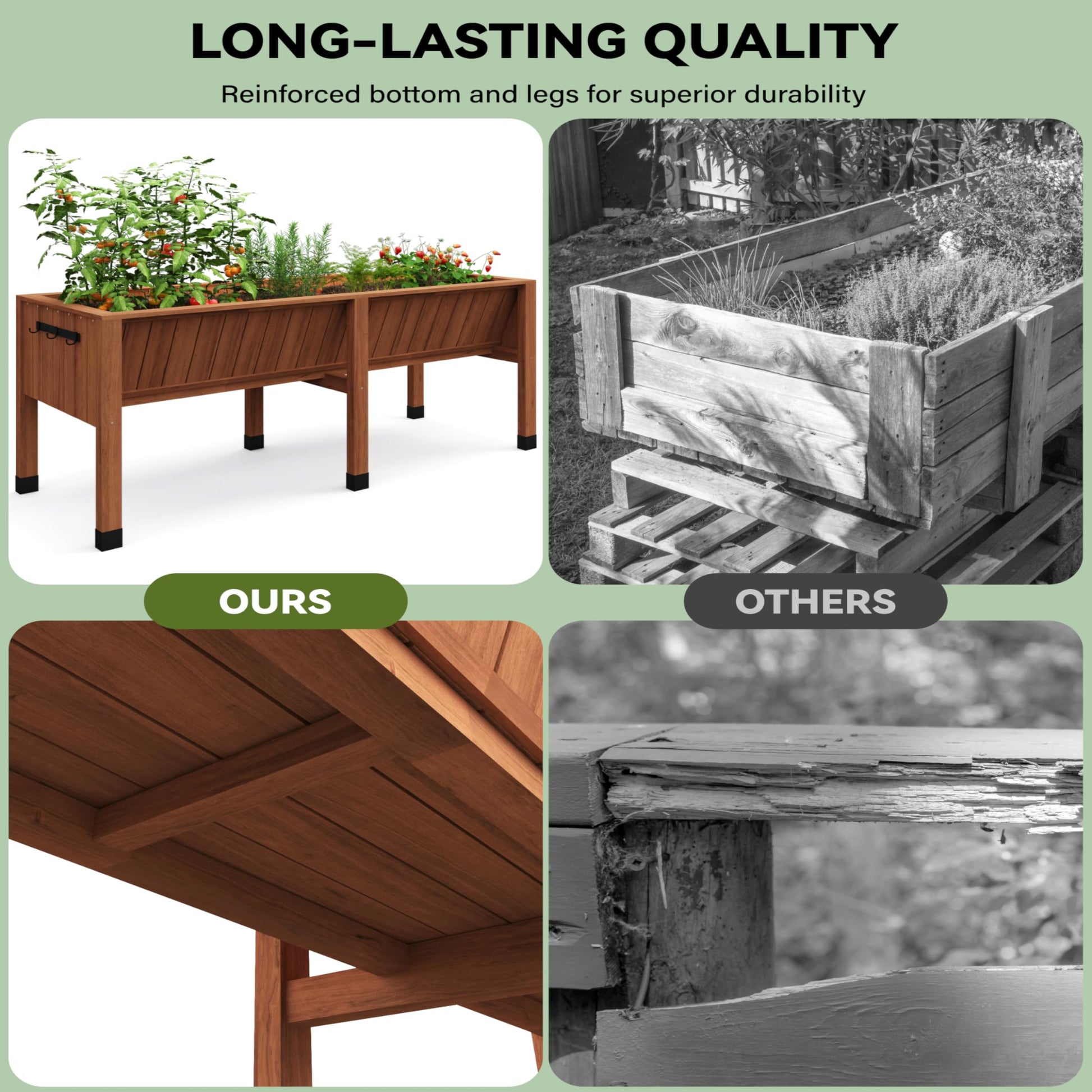 Garvee 72" × 26" × 31" Cedar Raised Garden Bed with Legs, 13.7" Deep Elevated Planter Box with Liner, Drainage Hole & Tool Hooks, Acorn Brown