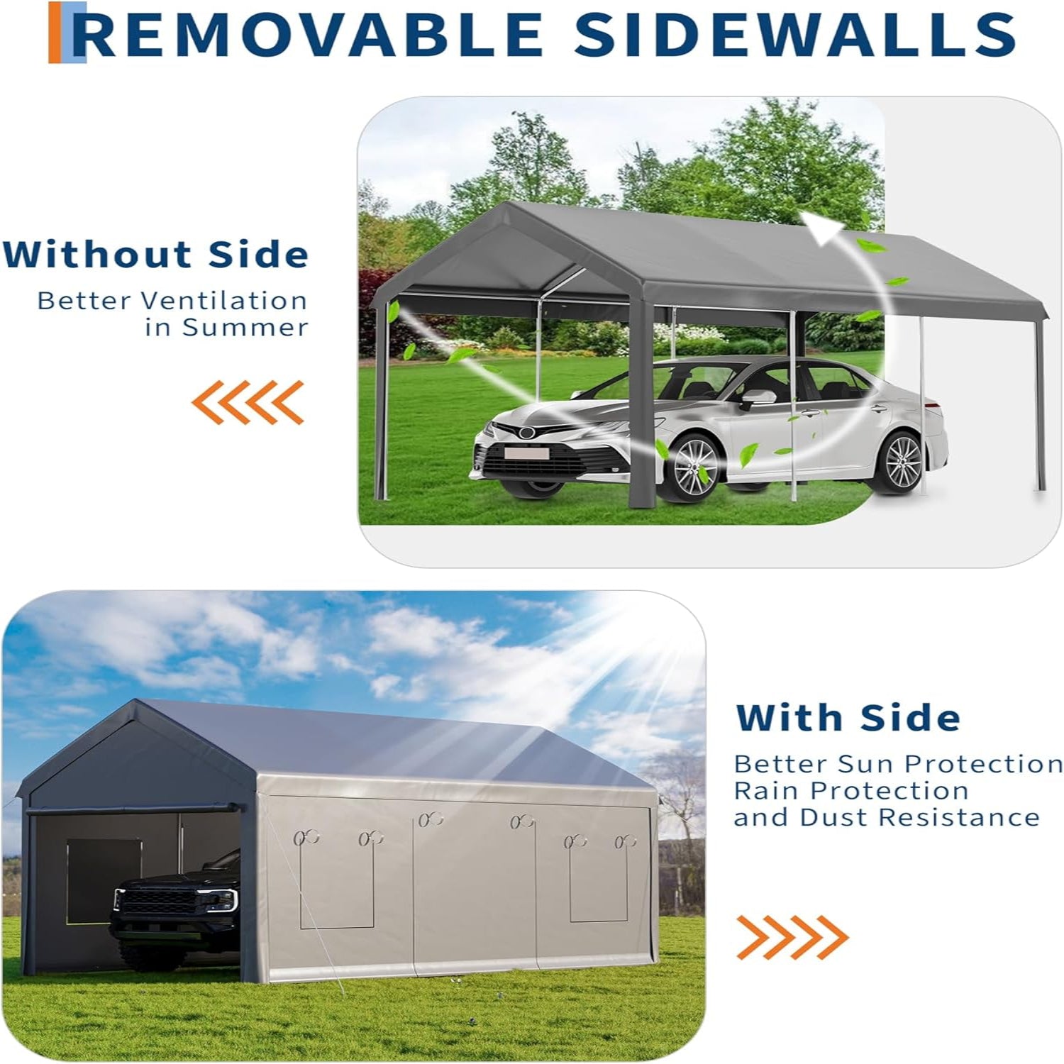 Garvee 10x20ft Portable Garage Carport Heavy Duty Steel Frame Removable Sidewalls Roll-Up Windows 180G PE Tarp Yellow Outdoor Shelter