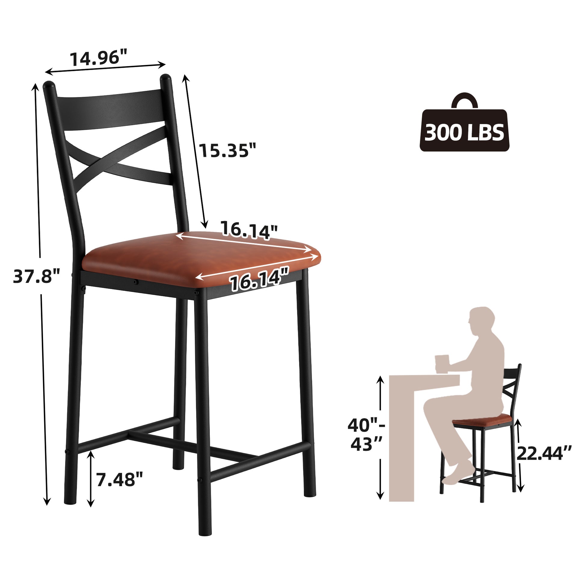 Garvee Bar Stools Set of 2, Counter Height Bar Stools with X Back and Thick Cushion, PU Leather, Metal Barstools for Kitchen Island Apartment Counter Bar, Brown