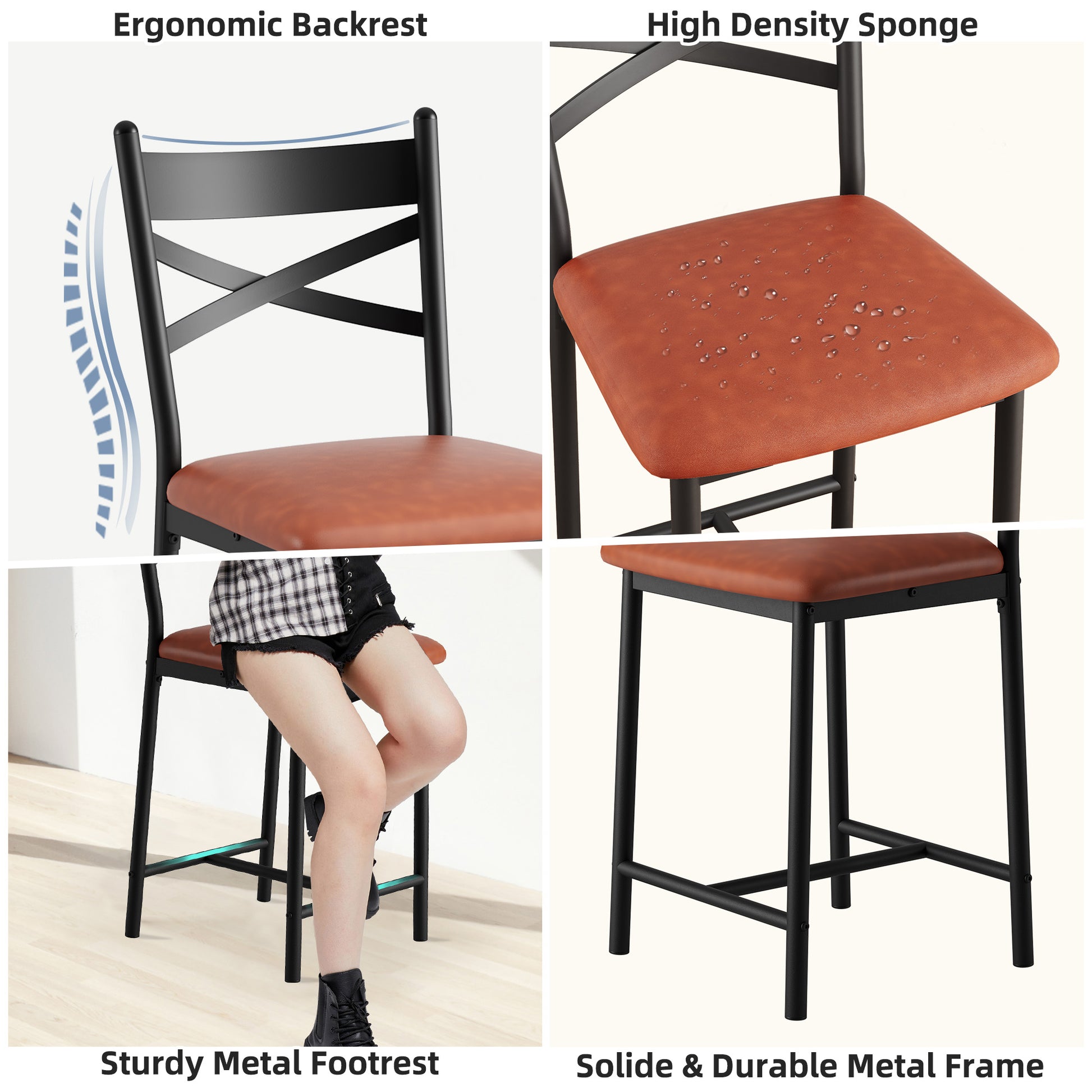 Garvee Bar Stools Set of 2, Counter Height Bar Stools with X Back and Thick Cushion, PU Leather, Metal Barstools for Kitchen Island Apartment Counter Bar, Brown