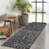 Garvee Floral Black 2x6 Retro Mottled Flowers Runner Rug Boho Design Non-Shedding Easy Care Washable Low Pile Carpets for Bedroom Entryway Office Dining Table Black - Black