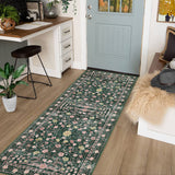Garvee Floral Green 2x6 Retro Mottled Flowers Runner Rug Boho Design Non-Shedding Washable Low Pile Carpets for Bedroom Easy Care Entryway Office Dining Table Green - Green