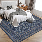Garvee 9'x12' Boho Vintage Floral Rug Stain Resistant Low Pile Carpet For Bedroom Room Kids Playroom Office Decor Indoor Non Slip Soft Thin Carpet Dark Blue - Navy Blue