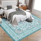 Garvee 9'x12' Boho Vintage Floral Rug Stain Resistant Low Pile Carpet For Bedroom Room Kids Playroom Office Decor Indoor Non Slip Soft Thin Carpet Brilliant Blue - Bright Blue