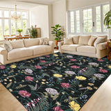 Garvee Floral 9x12 Black Large Washable Area Rugs Easy Cleaning Dining Room Rugs, Farmhouse Floral Printed Accent Carpet, Foldable Thin Indoor Floor Cover for Bedroom, Living Room - Black