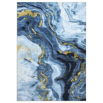 Garvee 8x10 Washable Abstract Area Rug, Modern Marble Swirl Low Pile Non-Slip Rug for Living Room, Bedroom, Dining Room & Office, Blue
