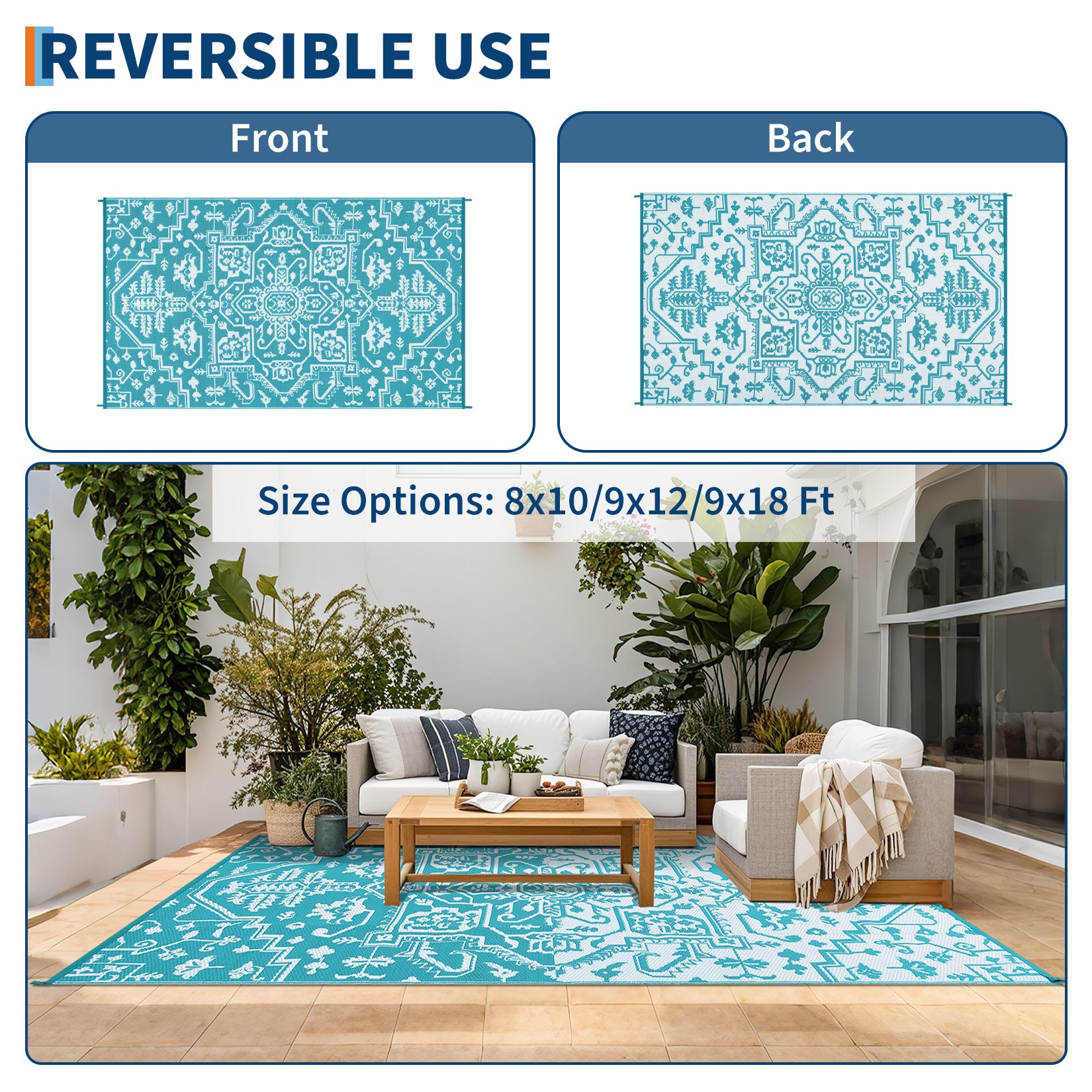 Garvee Waterproof Outdoor Rug 9x18 Reversible Plastic Straw UV-Resistant Heat-Sealed Edges Durable Patio Mat with Carrying Bag for Camping Picnic