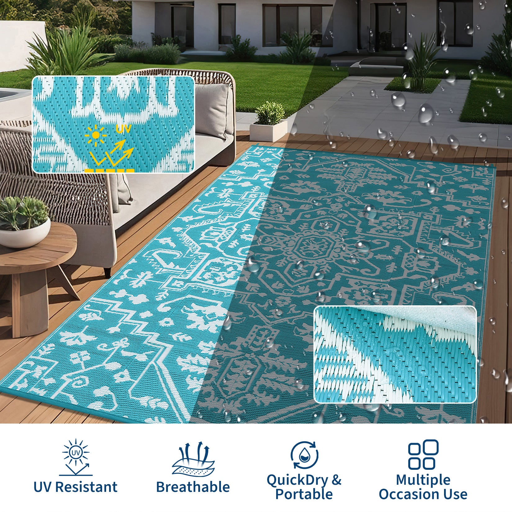 Garvee Waterproof Outdoor Rug 9x18 Reversible Plastic Straw UV-Resistant Heat-Sealed Edges Durable Patio Mat with Carrying Bag for Camping Picnic
