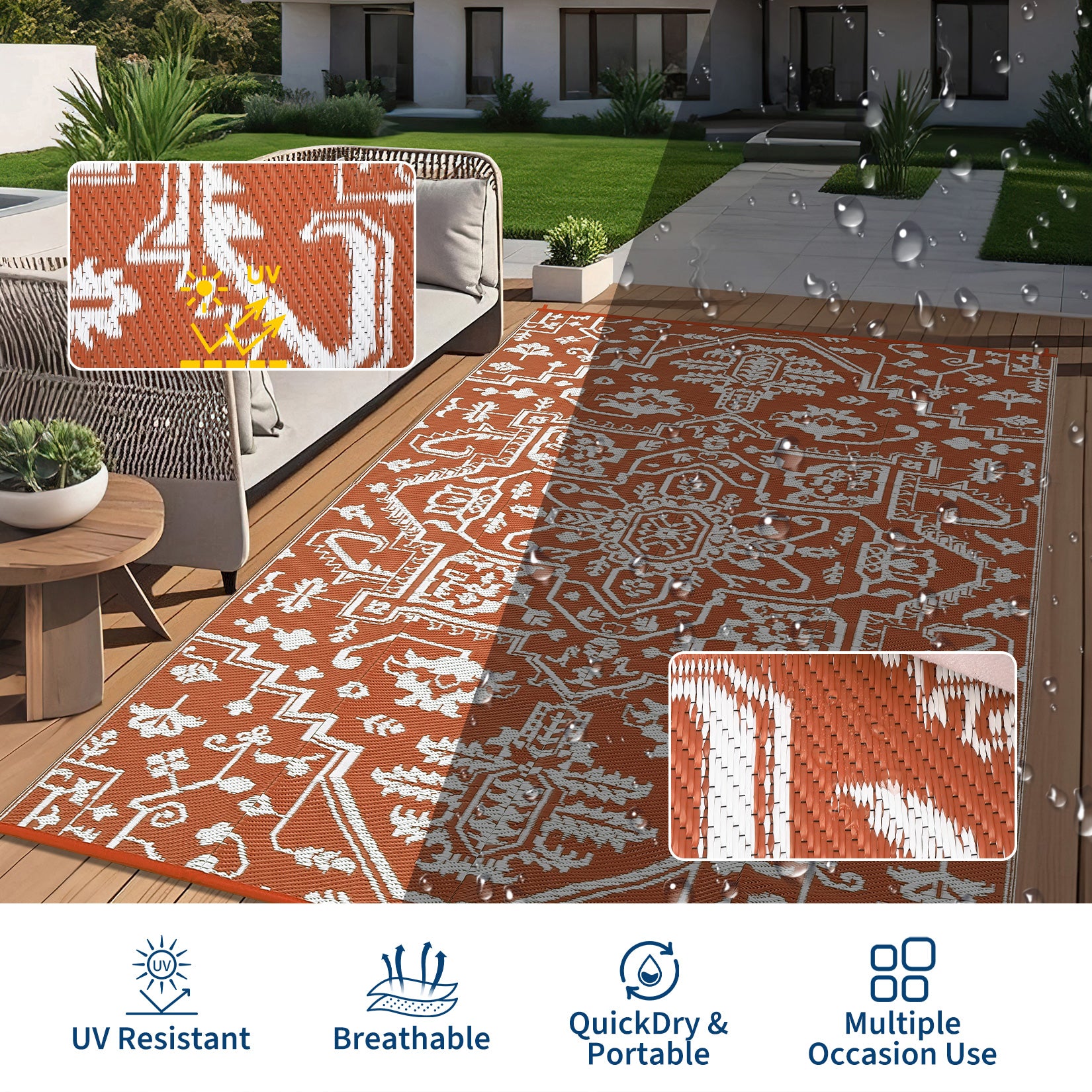 Garvee 9x18 Outdoor Area Rug Vintage Plastic Non-Slip Stain-Resistant Waterproof Orange Patio Camping Deck Mat