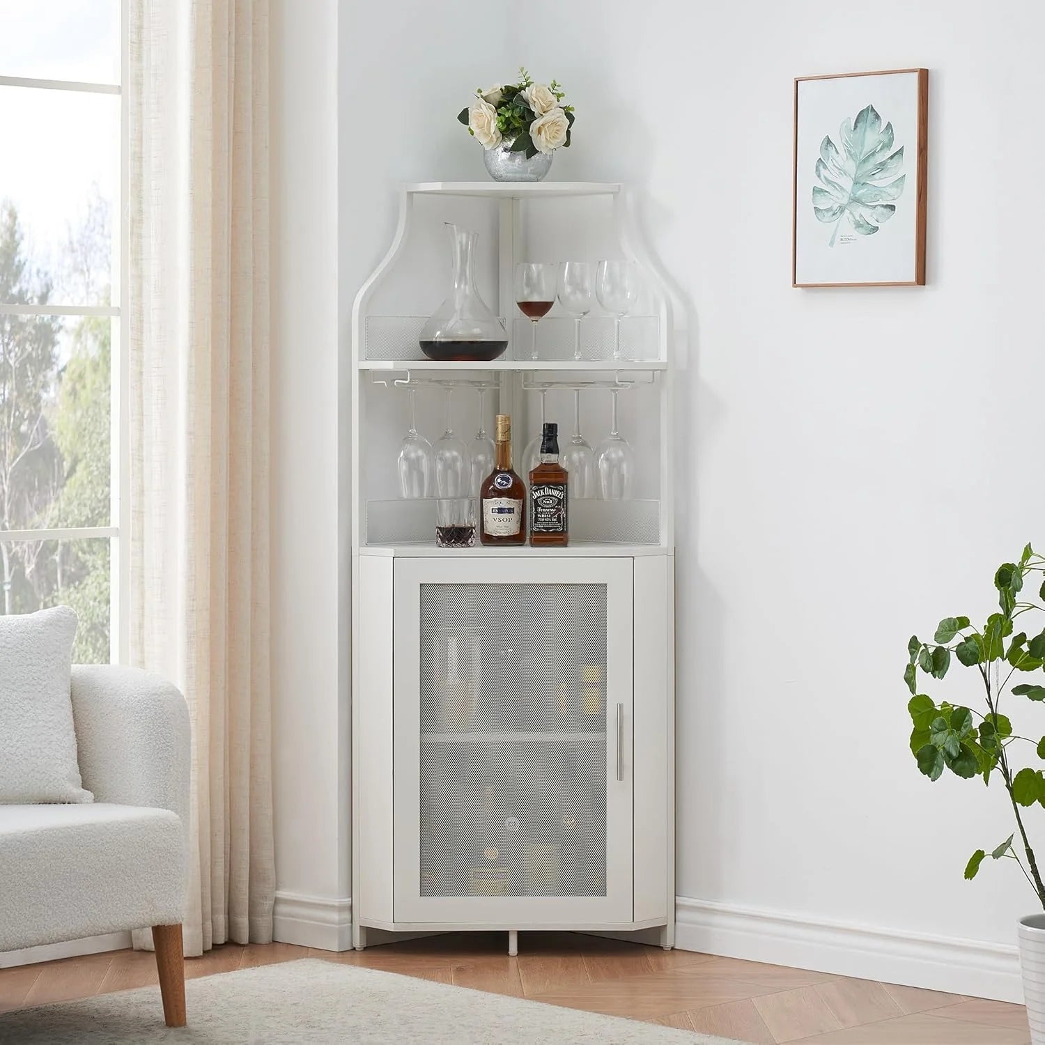Garvee Corner Wine Bar Rack Cabinet with Detachable Wine Rack, Bar Cabinet with Glass Holder and Mesh Door, Liquor Coffe Bar Cabinet with Adjustable Shelves, ‎White
