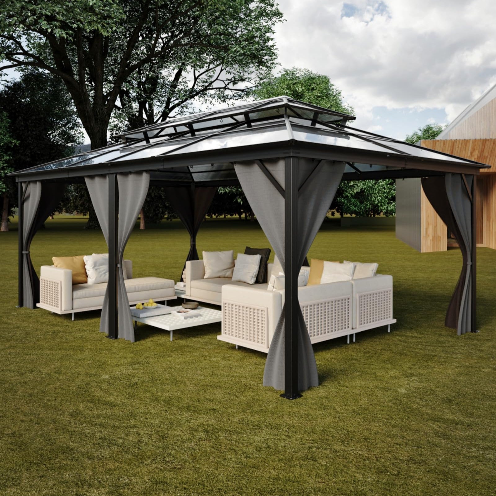 Garvee 12' × 20' Hardtop Gazebo, Double Polycarbonate Roof Aluminum Frame Patio Gazebo with Curtains & Netting, Grey