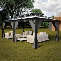 Garvee 12' × 20' Hardtop Gazebo, Double Polycarbonate Roof Aluminum Frame Patio Gazebo with Curtains & Netting, Grey