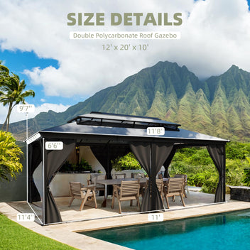 Garvee 12' × 20' Hardtop Gazebo, Double Polycarbonate Roof Aluminum Frame Patio Gazebo with Curtains & Netting, Grey