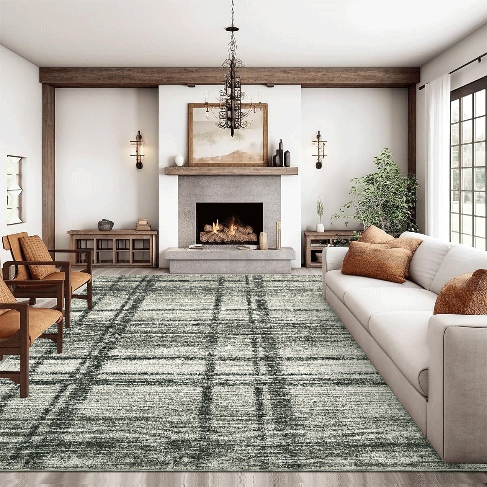Garvee Washable 5x7 Living Room Rugs, Indoor Modern Geometric Area Rug for Bedroom, Ultra Thin Non Slip Large Dining Room Carpet,Low Pile Accent Floor Cover for Home Office, Light Green