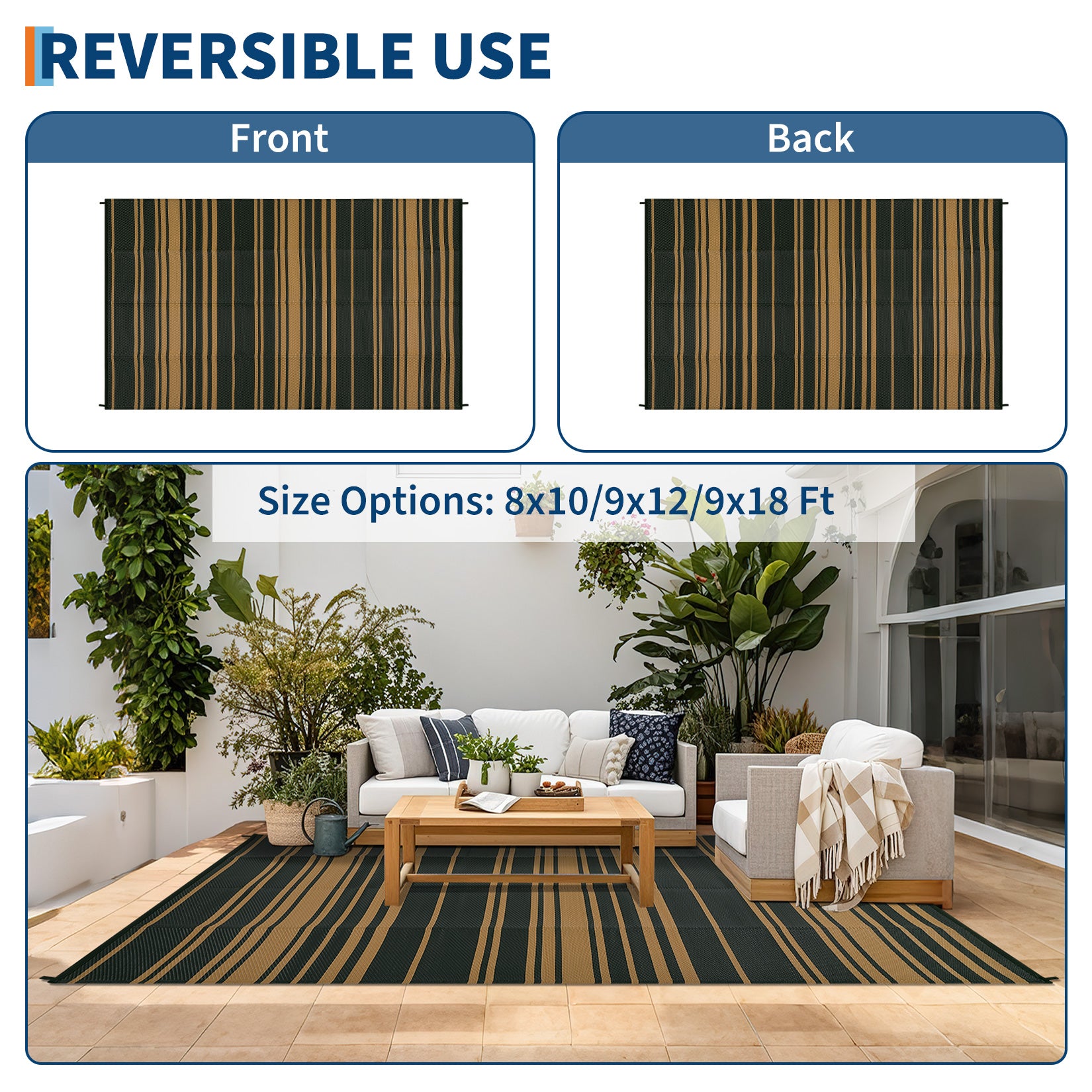 Garvee Outdoor Black Brown 9x12 Rug Waterproof Reversible Plastic Straw Durable UV-Resistant Foldable with Carry Bag for Patio Camping Deck