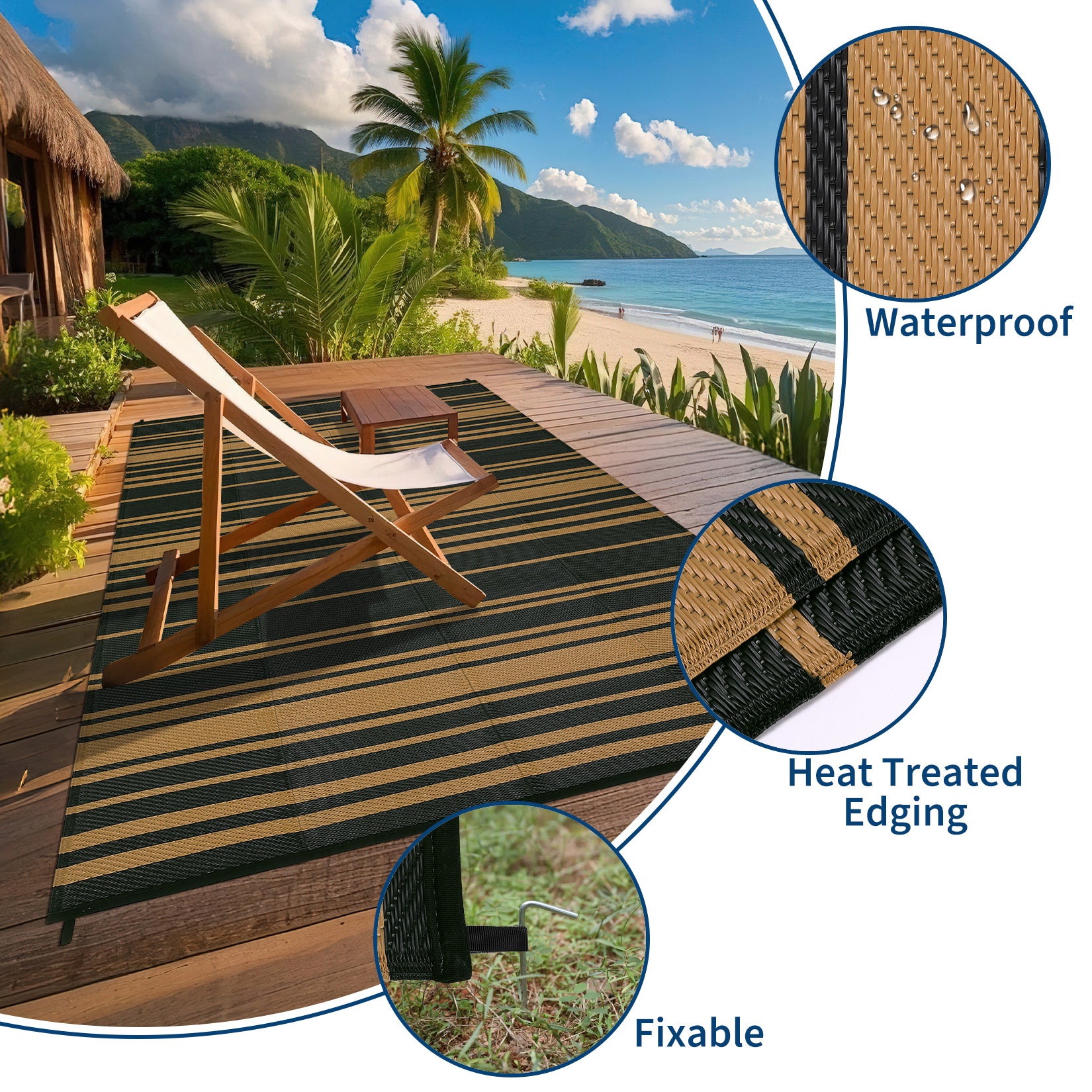 Garvee Outdoor Black Brown 9x12 Rug Waterproof Reversible Plastic Straw Durable UV-Resistant Foldable with Carry Bag for Patio Camping Deck