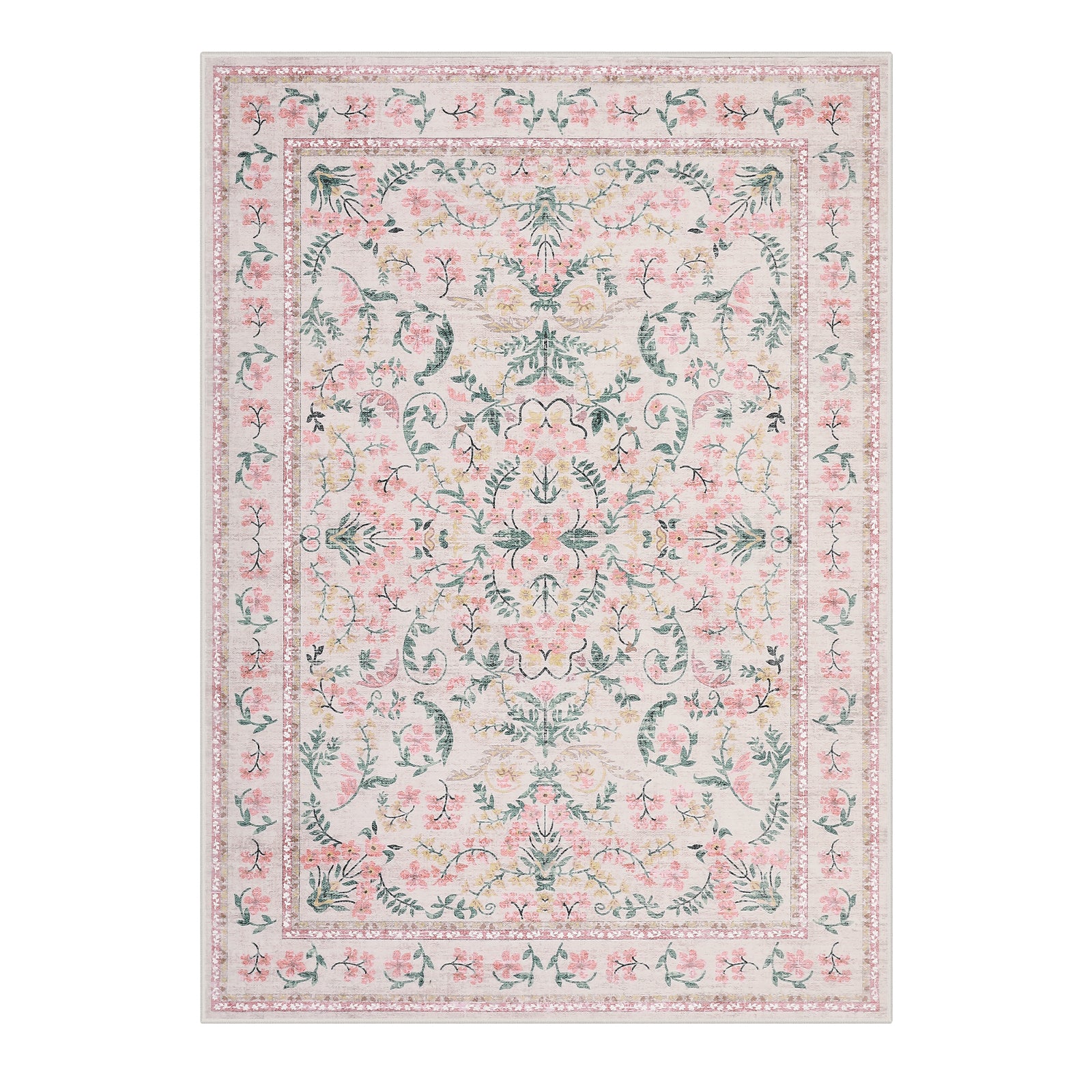 Garvee Washable Boho Floral Area Rug 8x10 - Soft, Non-Slip, Low Pile Carpet, Durable TPR Backing, Kid & Pet Friendly, Pink - Living Room, Bedroom