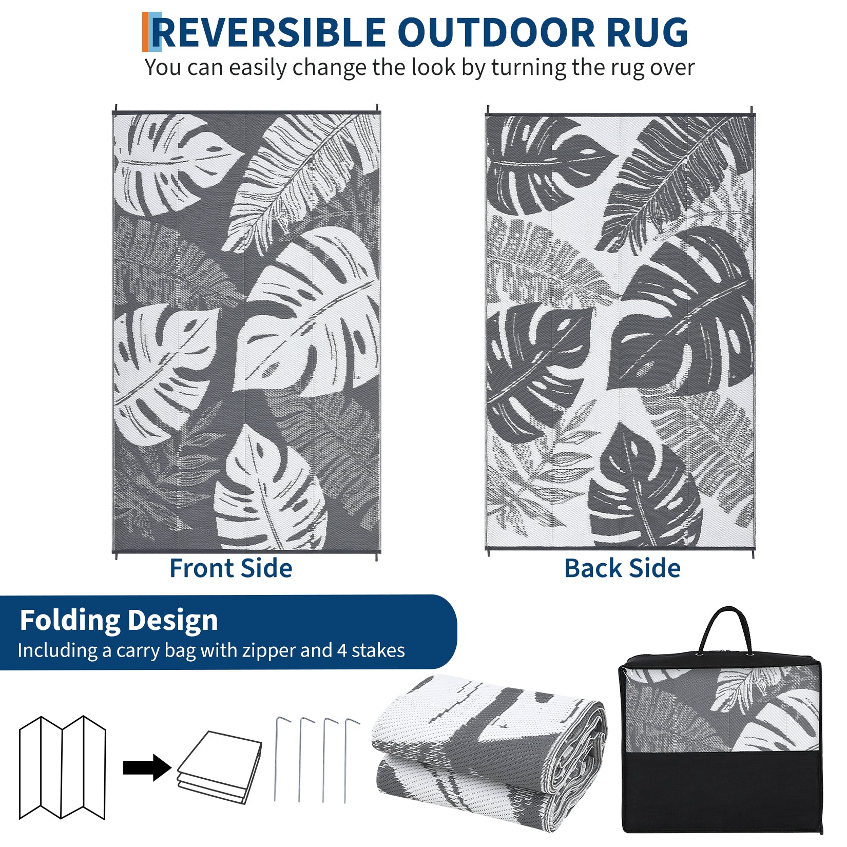 Garvee Outdoor Grey & White 8x10 Rug Waterproof Reversible Outdoor Plastic Straw Rug Modern Palm Leaves Patio Rug Indoor Outdoor Carpet RV Mat Outside for Patio Camp Balcony Deck Picnic