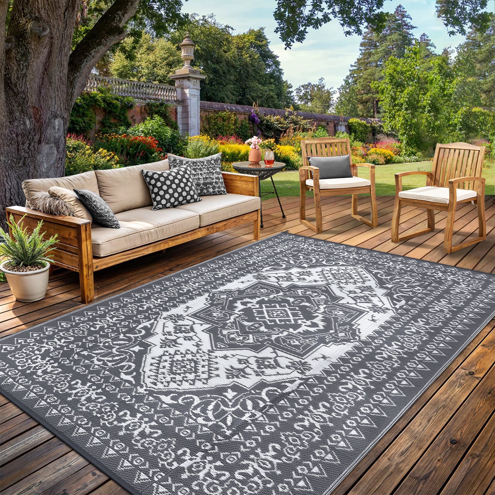 Garvee Outdoor Grey & White 8x10 Plastic Straw Rug, Waterproof Stain Resistant Reversible Carpet for Camping, Garden, Backyard, RV, Patio
