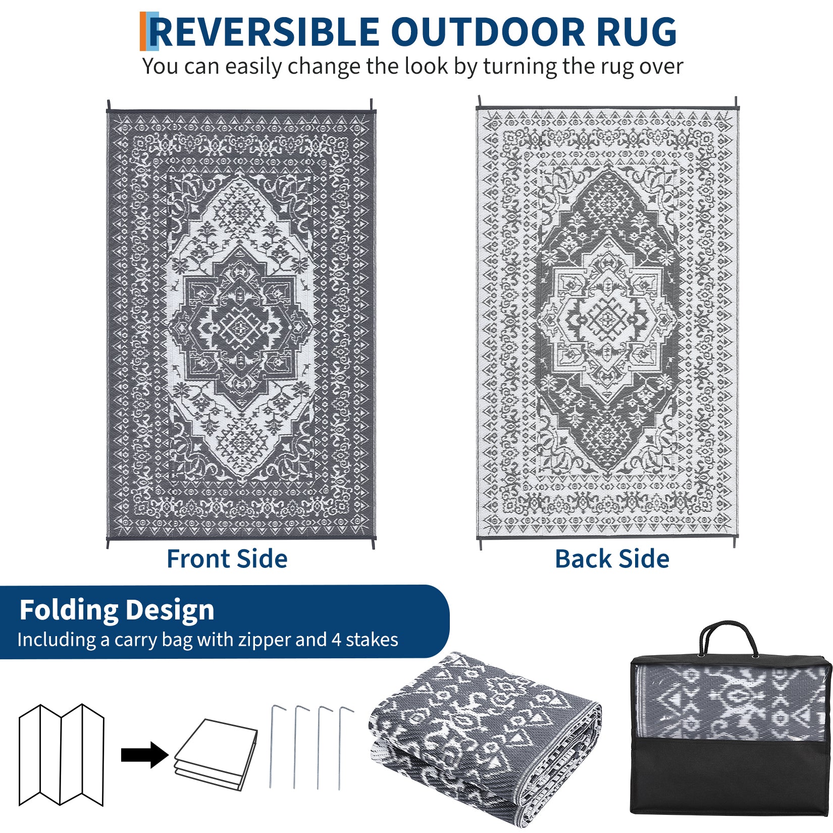 Garvee Outdoor Grey & White 9x18 Plastic Straw Rug, Waterproof Stain Resistant Reversible for Camping, Garden, Backyard, RV, Patio
