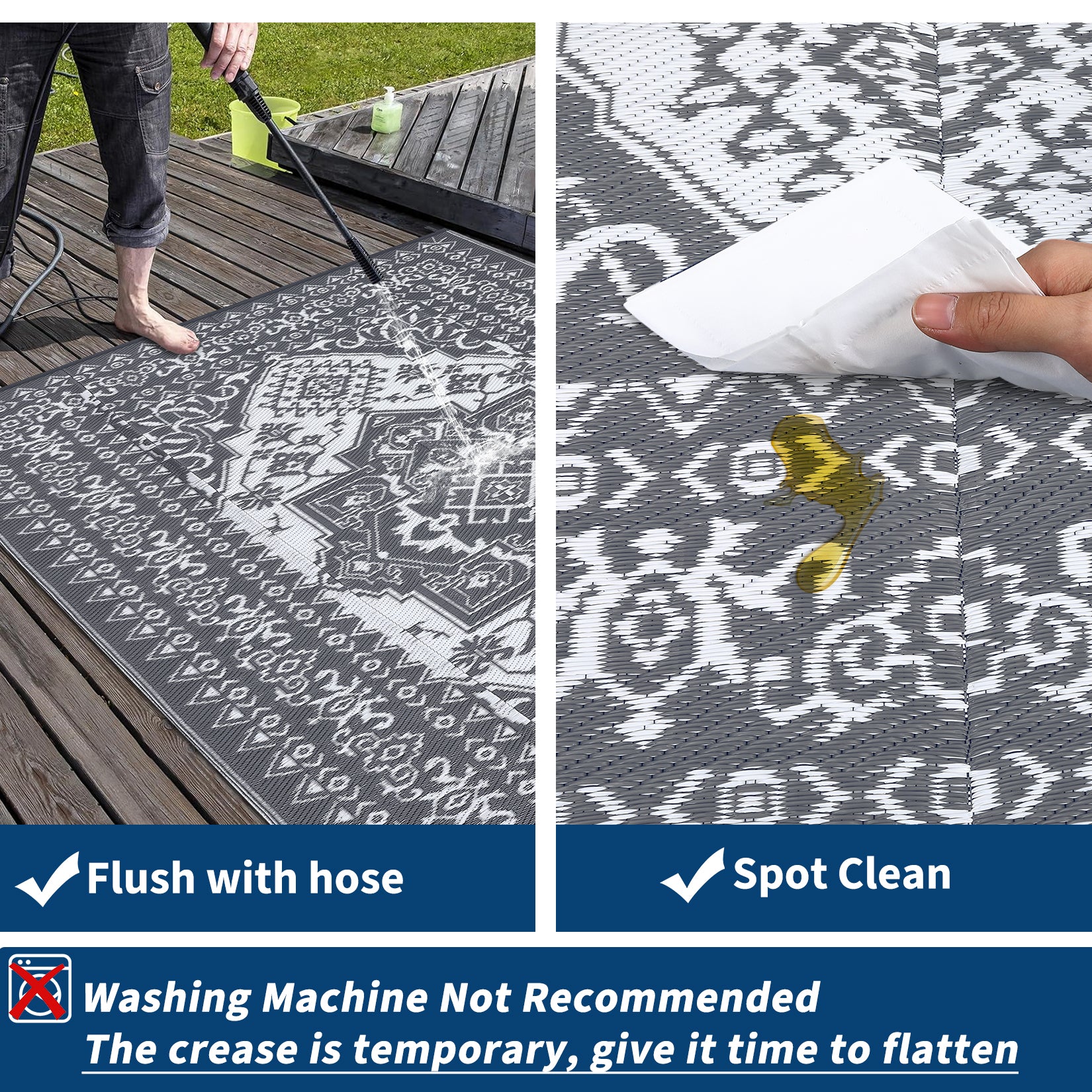 Garvee Outdoor Grey & White 8x10 Plastic Straw Rug, Waterproof Stain Resistant Reversible Carpet for Camping, Garden, Backyard, RV, Patio
