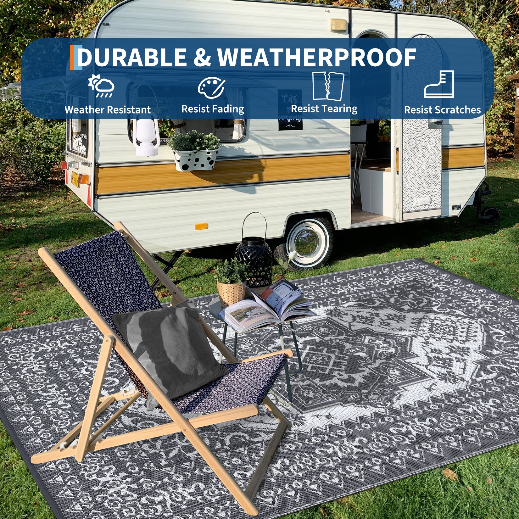 Garvee Outdoor Grey & White 8x10 Plastic Straw Rug, Waterproof Stain Resistant Reversible Carpet for Camping, Garden, Backyard, RV, Patio