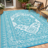 Garvee Outdoor Light Blue & White 9x18 Plastic Straw Rug, Waterproof Stain Resistant Reversible Carpet for Camping, Backyard, RV, Patio